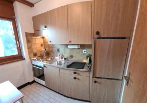 a small kitchen with wooden cabinets and a sink at Arca 2 in Leukerbad