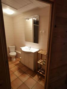 ein Badezimmer mit einem Waschbecken, einem WC und einem Spiegel in der Unterkunft Ha Py Chalet in Campan