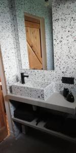 a bathroom with a sink and a mirror with a door at Dreve14 in Staden