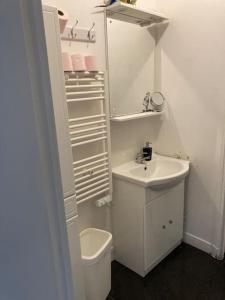 a white bathroom with a sink and a toilet at Bel Appartement lumineux à 2 min du RER B in La Courneuve