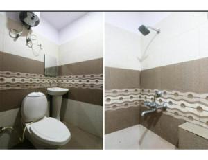 two pictures of a bathroom with a toilet and a shower at Hotel Kirandeep, Agra in Agra