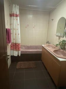 a bathroom with a sink and a bath tub at Vila primitoare in apropiere de aeroport in Ghiroda