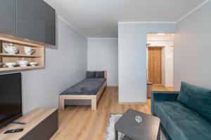 ein Wohnzimmer mit einem Sofa und einem Tisch in der Unterkunft Modern n' lovely apartment by Polo Apartments in Kaunas
