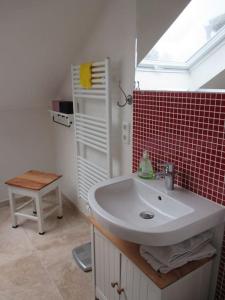 ein Badezimmer mit einem Waschbecken und einer rot gefliesten Wand in der Unterkunft Grundmühle Rhön in Nordheim vor der Rhön