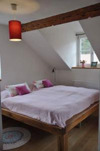 a bedroom with a large bed with purple pillows at Grundmühle Rhön in Nordheim vor der Rhön