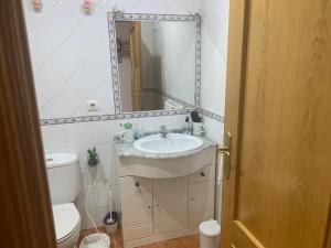 a bathroom with a sink and a toilet and a mirror at Apartamento Talavera in Talavera de la Reina