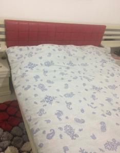 a bed in a bedroom with a red headboard at Small apartment with Garden in Cairo