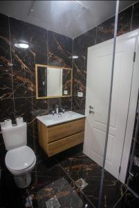 uma casa de banho com um WC, um lavatório e um espelho. em Jerusalem Boutique Hotel em Jerusalém
