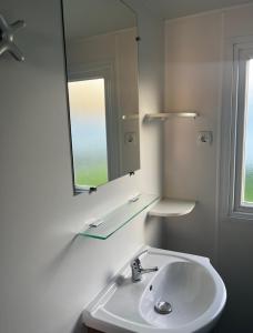 een badkamer met een wastafel en een spiegel bij Auberge des Etangs in Roussent