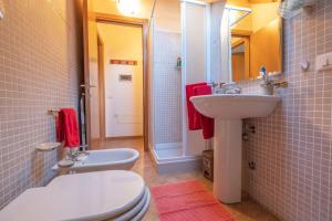 a bathroom with a white toilet and a sink at Happy Guest Apartments - Alpin Chalet Borno in Borno