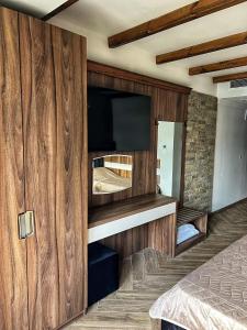 Cette chambre comprend une télévision et un lit. dans l'établissement OASIS RESORT RHODOPES, à Dospat
