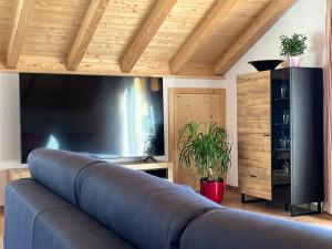 a living room with a couch and a tv at Sunnefleackle -Haus Lingenhöl in Sonthofen