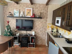 a kitchen with a tv on a brick wall at Apartamento Plaza Pradollano 2 in Sierra Nevada