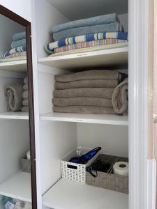a closet with towels and a basket of towels at Cozy Home in a Golf kart neighborhood and private pool in Palm Harbor