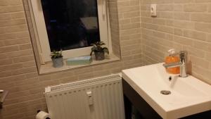 a bathroom with a white sink and a window at Stella's Monteurswohnungen in Crimmitschau