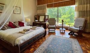 a bedroom with a large bed and a large window at Voelroepersfontein in Albertinia