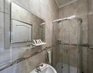 a bathroom with a shower and a sink at Voelroepersfontein in Albertinia