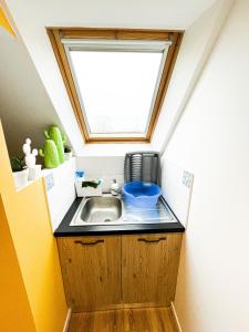 羅斯科夫的住宿－CHAMBRE APPARTEMENT，一个带水槽和窗户的小厨房