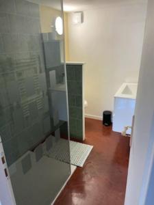 een badkamer met een douche en een glazen deur bij Studio tout confort dans maison de caractère in La Bastide