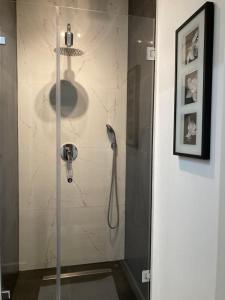 La salle de bains est pourvue d'une douche avec une porte en verre. dans l'établissement WILANOWSKA apartment & garden, à Varsovie