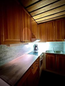 普哈圣山Arctic Lodges Lapland Ski In Family Studio, Wi-Fi, National Park - Lapland Villas的配有木质橱柜和台面的厨房