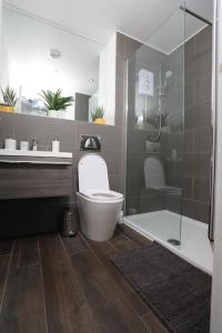 a bathroom with a toilet and a sink and a shower at Plush 2-bedroom apartment Coventry city center in Coventry