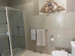a bathroom with a shower stall and a toilet at Apartment Downstairs Sedgefield in Sedgefield