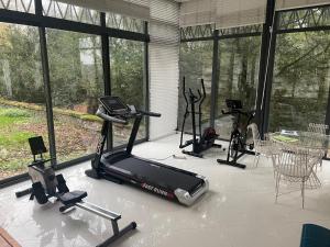a gym with three exercise bikes and a treadmill at Domaine Spa Perret-3Ha-Château ArtDéco MasterSuite B&B ou Gîte de Charme-À3Mn Giverny-Jardins Monet-Le Vexin-Piscine Chauffée en Haute Saison-Aire Enfants-PingPong-Options Dîner-Billard-Massage-Yoga-Coaching-Fitness-Sauna-Hammam-Promo2Nuits Jacuzzi inclus in Sainte-Geneviève-lès-Gasny