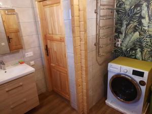 a bathroom with a washing machine and a sink at The Archers House in Viktariškės