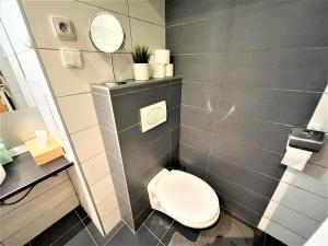 a bathroom with a toilet and a mirror at Apartment Helen - Old Town, AC in Bratislava +8 photos