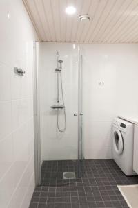 een badkamer met een douche en een wasmachine bij Boreal Corners in Rovaniemi