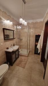 Un baño con ducha, lavabo e inodoro. en Na Kazimierza, en Poznan