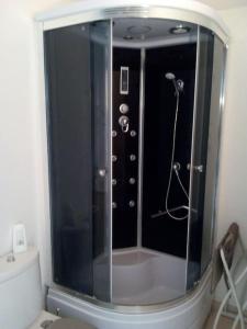 a glass shower in a bathroom with a toilet at Single storey 40m² bordering pine forest and spa in Noves