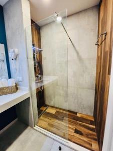 W łazience znajduje się prysznic ze szklanymi drzwiami. w obiekcie GUDAURI-SUITE-222 w mieście Gudauri
