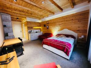 sypialnia z łóżkiem w drewnianym pokoju w obiekcie GUDAURI-SUITE-222 w mieście Gudauri