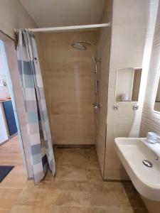 a bathroom with a shower and a sink at Moselliebe Zell in Zell an der Mosel