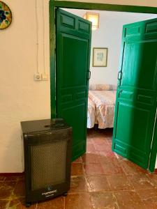 a room with a green door and a television at Casa Anita - La Almona Chica in El Chorro