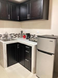 a kitchen with black cabinets and a stainless steel refrigerator at Hospedaje Ana Lu, Only 10 minutes from airport in Alajuela