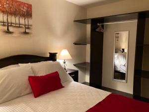 a bedroom with a bed with a red pillow on it at Hospedaje Ana Lu, Only 10 minutes from airport in Alajuela