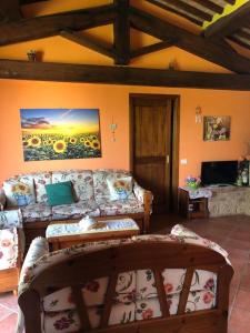 a living room with a couch and a tv at Country House Girasole Crete Senesi Vakantie Huis in Asciano