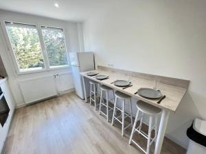 a kitchen with a counter with stools and a refrigerator at Le Chantereine appartement résidentiel in Bourgoin