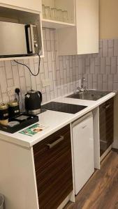 a small kitchen with a stove and a sink at Braillen Suite- 2 bedroom with kitchenette and bathroom in Denbigh