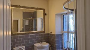 a bathroom with a sink and a mirror and a toilet at Braillen Suite- 2 bedroom with kitchenette and bathroom in Denbigh