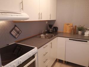 una cocina con armarios blancos y fregadero en Modern apartment in the center of the island, en Tromsø