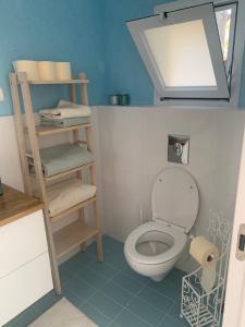 een kleine badkamer met een toilet en een spiegel bij Iris privet room in Mevasseret Zion