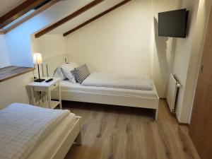 a small bedroom with two beds and a tv at Haus Miriam in Sankt Lorenzen ob Murau