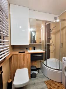 łazienka z toaletą, umywalką i wanną w obiekcie Apartament Radiostacja - Tarnogórska, z miejscem parkingowym w mieście Gliwice