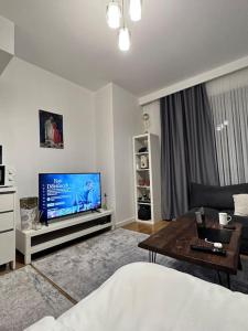 a living room with a bed and a flat screen tv at Merkezi konumda şık daire in Istanbul