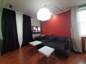 ein Wohnzimmer mit einem schwarzen Sofa und einer roten Wand in der Unterkunft Heart Of City Center Flat in Chişinău