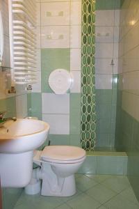 シュチトナにあるOśrodek Wypoczynkowy Pod Skałkąのトイレ、洗面台、シャワー付きのバスルーム